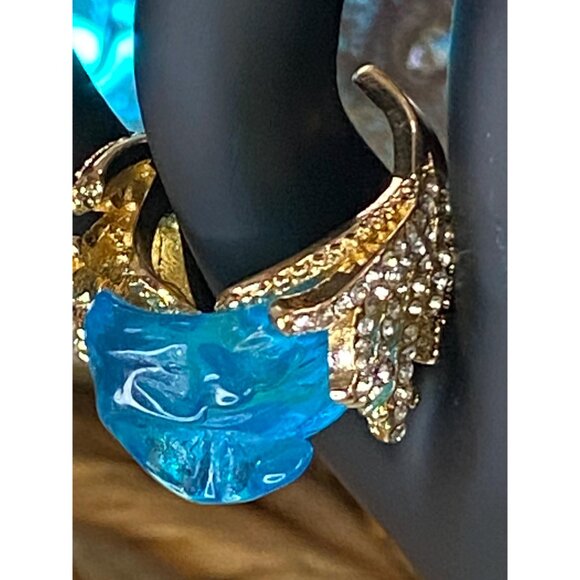OCEAN’S OATH Blue Wave Ocean Necklace Ring Sz 8 Beautiful Rhinestone Gold Plated - Picture 3 of 10